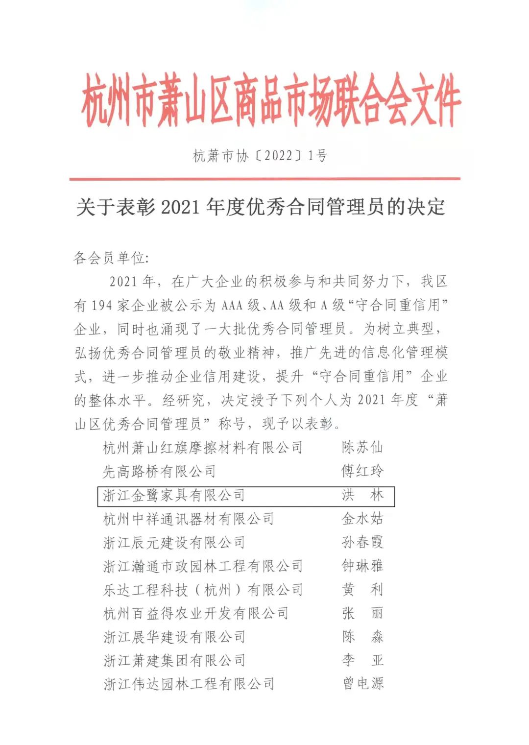 球王会家具洪林喜获“2021年度优异条约治理员”称呼