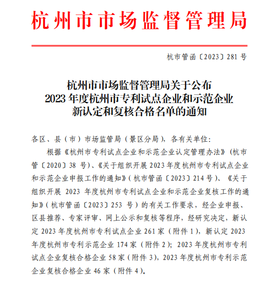 喜讯︱球王会集团旗下子公司双双认定为杭州市专利树模企业